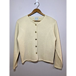 SKYR Sweater Vintage Womens Petite Medium Cream 100% Wool Gold Button Cardigan‎